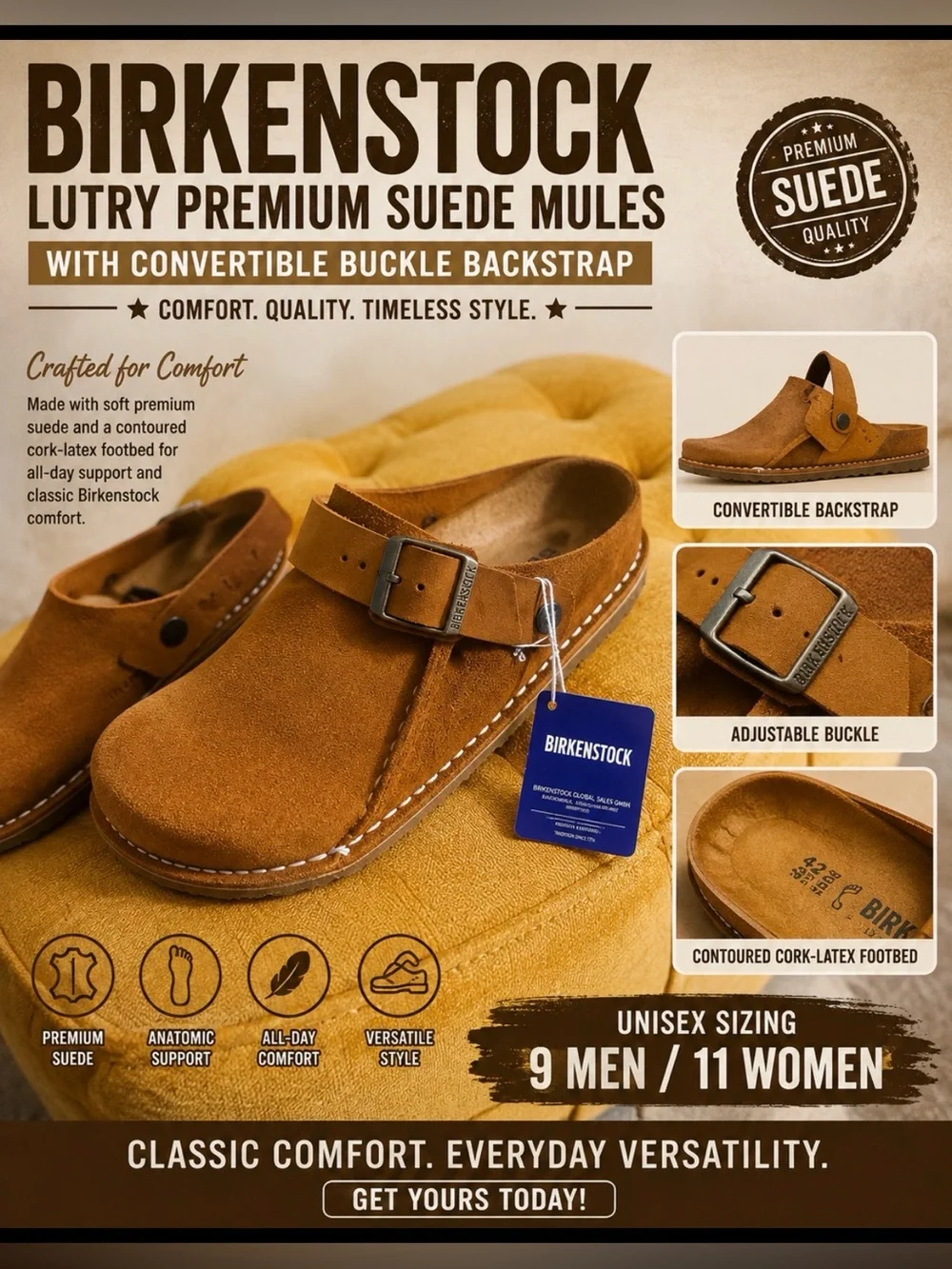 Birkenstock Lutry Premium Suede Mule - Mink Brown, Unisex 9 Men / 11 Women